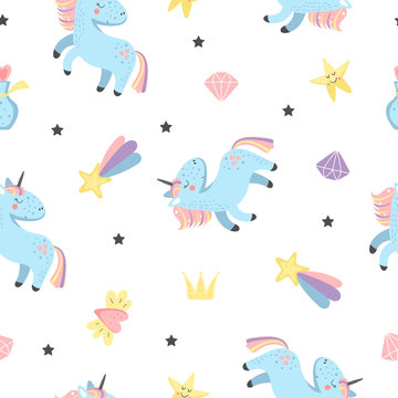Seamless pattern with fairy unicorns