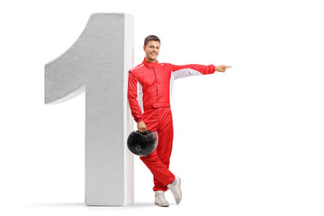 Racer leaning against a number one figure and pointing © Ljupco Smokovski