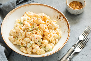 Dinner dish a pasta salad with cheese and celery.