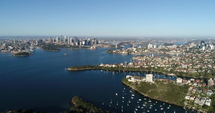 Over nature reserver on Bradleys head in Sydney&rsquo;s Mosman suburb on Harbour shores over coves and bays in view of city CBD landmarks.
