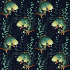Seamless pattern with fish. Underwater world, crucian carp and algae on a dark background. carp