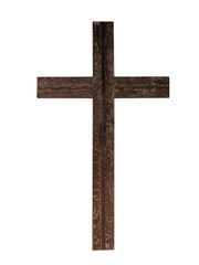 Naklejka premium Stary rustykalny drewniany krzyż na białym tle. Wiara chrześcijańska.