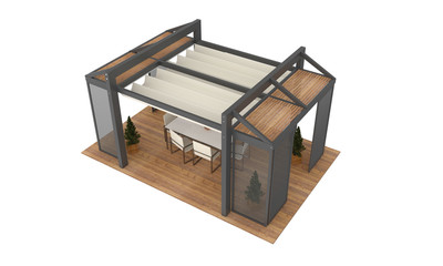 3D render of modern luxury garden pergola. With plants and furniture. Isolated on white background.