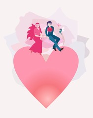 Young happy family having honeymoon. A loving couple flies on pink clouds over the earth in the shape of a heart. The sun in the form of a beautiful rose behind. The winged elf plays the lyre.