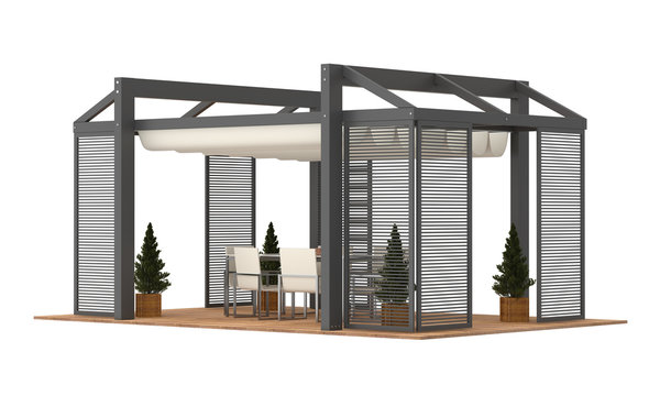 3D render of modern luxury garden pergola. With plants and furniture. Isolated on white background.
