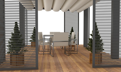 3D render of modern luxury garden pergola. With plants and furniture. Isolated on white background.