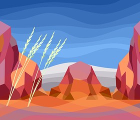 Fototapeta na wymiar Cliffs at Mountain, croplands, blue sky and ears of cereals in vector. Horizontal card.