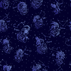 Zodiac. Seamless pattern. Girls. Vector illustration . constellation