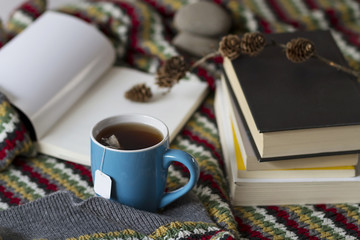 A warm scene of a tea and books
