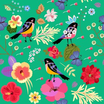 Butterflies and funny birds with flowers in their beaks on a green background. Seamless spring pattern in vector.