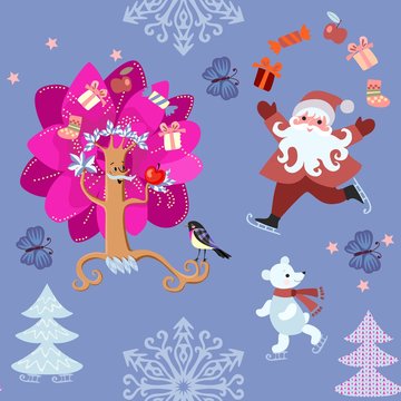Seamless christmas pattern with santa Claus and little polar bear on skates, beautiful winter tree, snowflakes and blue butterflies in vector.