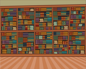 Big cartoon library with many books.
