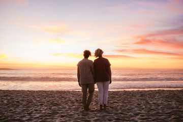 Young lesbian couple standing on a beach watching the sunset