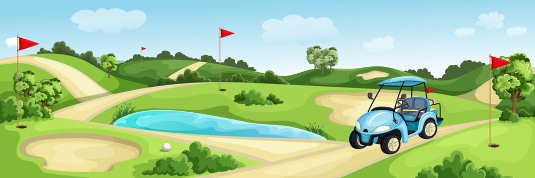Golf course with green, water and sand bunker. Summer landscape vector cartoon illustration. Golf cart and flags on lawn