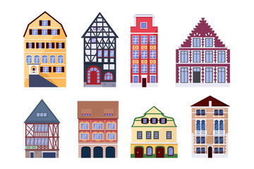Fototapeta na wymiar Europe old town houses. Building vector flat isolated illustration. City architecture design elements