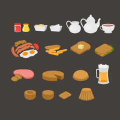 British menu. English breakfast, lunch and dinner. Sausage, egg, becon. Sandwich. Fish and chips, pudding. London tea