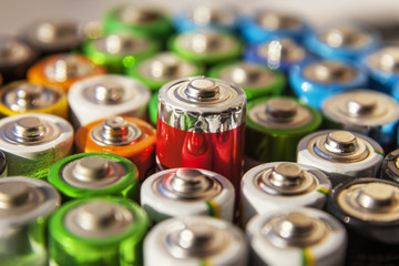Background of   batteries. Close-up group of alkaline battery top view.