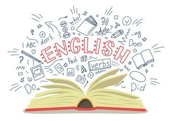 English. Open book with language hand drawn doodles and lettering on white background. Education vector illustration.