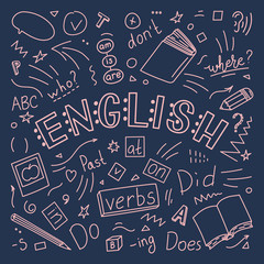 Fototapeta na wymiar English. Language hand drawn doodles and lettering. Education vector illustration.