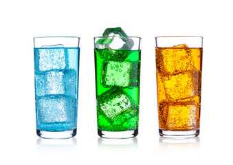 Glasses of energy carbonated soda drink with ice