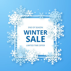 Winter sale banner. Origami snowfall. Vector Illustration.