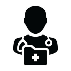 First aid icon vector male doctor person profile avatar with stethoscope and medical report folder for medical consultation in Glyph pictogram illustration