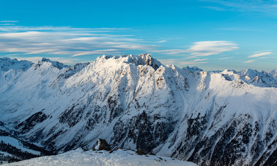 Panorama of the Alpine mountains in the evening at the ski resort of Ischgl, Austria.