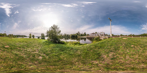 full seamless spherical panorama 360 degrees angle view near dam of hydroelectric power station in equirectangular equidistant projection, VR AR virtual reality content