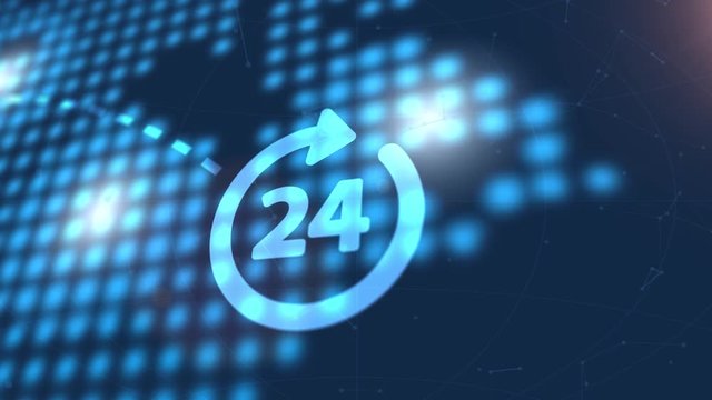 Business button 24 hours service online network web icon blue digital world map technology background