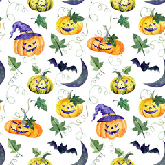 Watercolor seamless pattern with halloween pumpkins