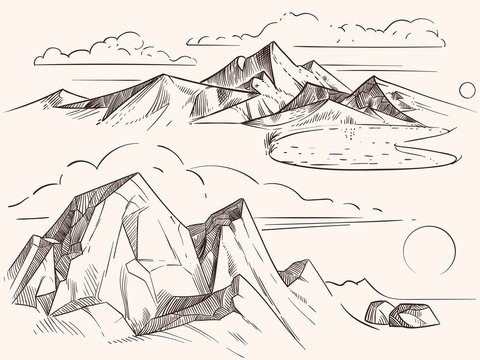Hand drawing sketched mountain landscapes with lake, stones, clounds artwork. Vector illustration