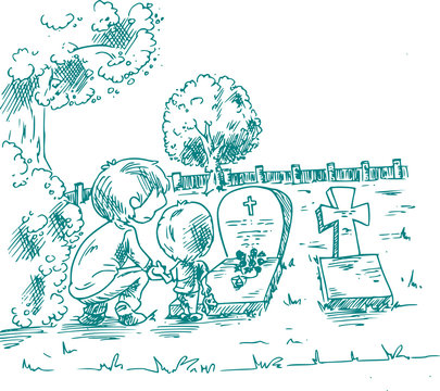 Rouwverwerking - kind bij het graf van zijn moeder. Zoon en vader op een begrafenis