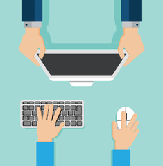 Concept of modern work place. Hands using high tech devices and showing reports. Vector illustration in flat style.