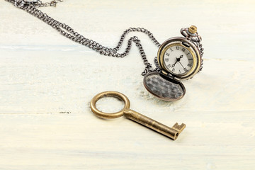 A photo of a vintage key and chain watch, with copy space