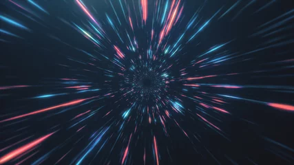 Selbstklebende Fototapete Universum Abstrakter Flug im Retro-Neon-Hyper-Warp-Raum im Tunnel 3D-Darstellung