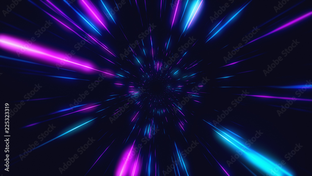 Wall mural abstract flight in retro neon hyper warp space in the tunnel 3d illustration