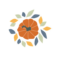 Autumn illustration - pumpkin, leaves. On a white background