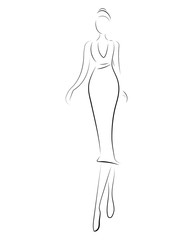 Girl in a dress. Linear outlines of a female figure in a dress. Silhouette of a model in clothes. Linear art of a slender woman. Black and white illustration for the salons of tailoring. Fashion model