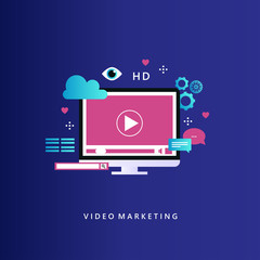Video marketing campaign, online promotion, digital marketing, internet advertising vector illustration. Video tutorials, viral marketing design for web banners and apps