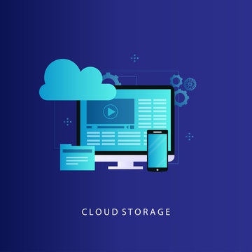 Cloud computing concept vector illustration. Online data storage, cloud database, data center, cloud computing service and technology, hosting, design for web banners and apps