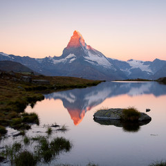 Unspoilt Matterhorn in early sunrise at clear sky in warm soft light, reflected on calm water Stellisee with stone and grass