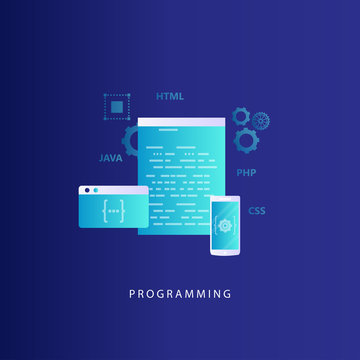 Coding, programming, website and application development vector illustration. Technology concept for software API prototyping and testing. Design for web banners and apps