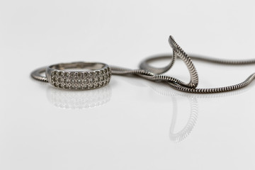 Silver ring with precious stones and fine silver chain