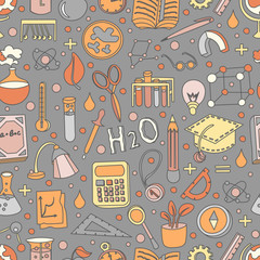 Colored Back to School Pattern with school elements and supplies. Welcome back to school seamless background in fun hand draw style, cartooning elements and cute design for kids. Back to school