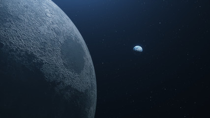 A beautiful flight in space to the Earth from the moon 3d illustration