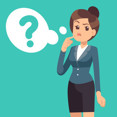 Confused businesswoman. Thinking girl and cloud with questions mark. Business vector concept. Question girl face, cloud bubble think illustration