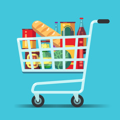 Full supermarket shopping cart. Shop trolley with food. Grocery store vector icon. Illustration of trolley and cart for supermarket, food from grocery market © MicroOne