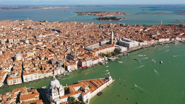 Aerial panoramic view of cityscape of Venice, St Mark's Square and Santa Maria della Salute church, landscape panorama of Italy from above, Europe