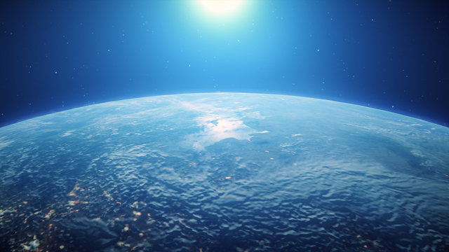 Sunrise of the blue digital sun above the Earth from space 3d illustration © flashmovie