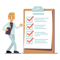 Happy man at giant schedule checklist with tick marks isolated on white background. Vector checklist paper with mark, clipboard document illustration